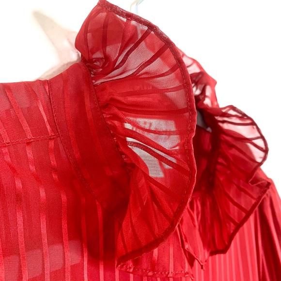 Vintage Red Blouse Sheer Pinstripe Ruffled Neck & Cuffs Christmas Valentine’s - Picture 3 of 11